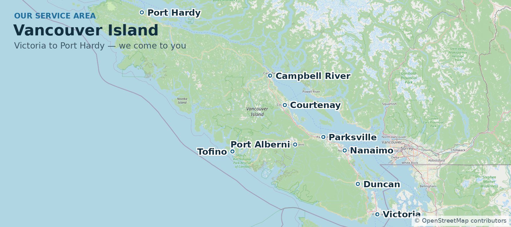 Map of Vancouver Island showing the Row Pro Home Services service area from Victoria to Port Hardy